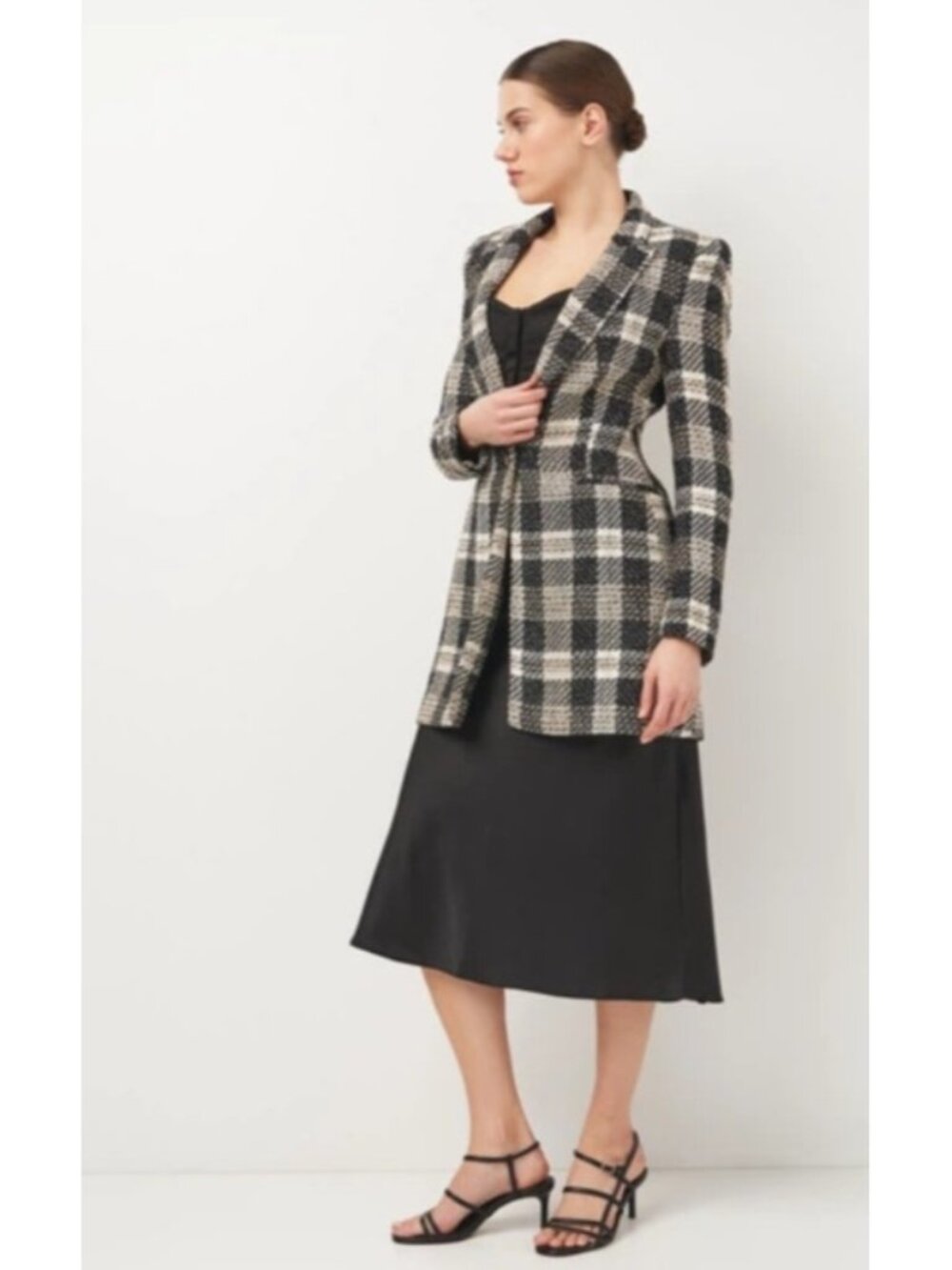 ZARA Tweed Plaid Longline Blazer Black Ecru Gold Buttons Size S